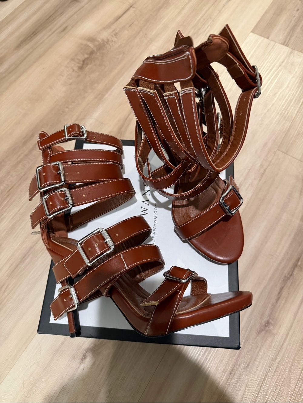 Strappy Buckle High-Heel Sandals in Brown